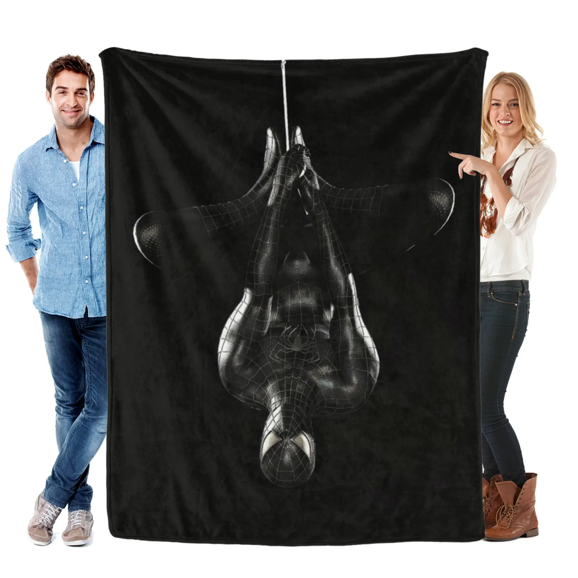 [SummerVibes] MARVEL CLASSIC Black Suit Spider-Man Hanging Flannel Blanket - Soft Cozy 2D Print Superhero Throw for Home Bedroom Decor, Couch & Fans Gift