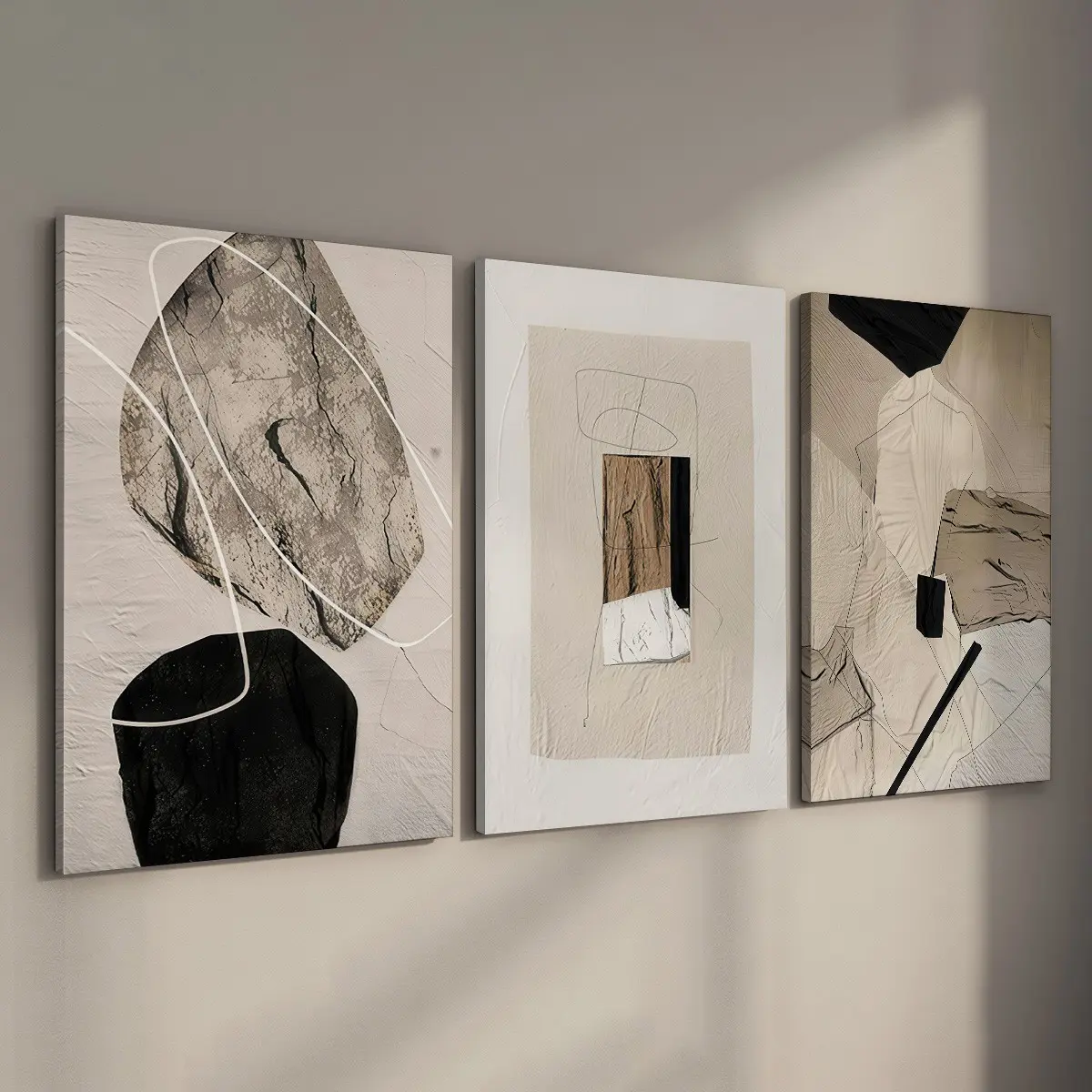 [Ready to Hang] 3Pcs Framed Neutral Abstract Wooden Wall Art, 30x40cm Modern Minimalist Design Black and Beige Canvas Prints, Gallery Wrapped Minimalist 3 Panel Decor for Living Room, Modern Home Decoration, Interior Wood Frame Artwork Set