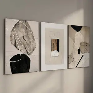 [Ready to Hang] 3Pcs Framed Neutral Abstract Wooden Wall Art, 30x40cm Modern Black and Beige Canvas Prints, Gallery Wrapped Minimalist 3 Panel Decor for Living Room, Interior Wood Frame Artwork Set