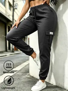 Women's 3-Season Lightweight Cargo Pants - Adjustable Waist & Flap Pockets, Solid Color Long Trousers for Casual/Outdoor/Workwear (Easy Care)