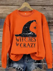 Women's Casual Fitted Halloween Witch Hat Print Pullover Sweater, Soft Long Sleeve Round Neck Sweatshirt, Comfortable Daily Wear