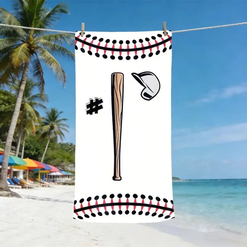 Baseball Stitched Bat Helmet Pattern Beach Towel, Flat Print, Sporty Fashion Design, Customizable Number, Lightweight Soft Quick-Dry, Travel Towels, Soft Absorbent Towel