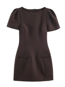 Elegant Women's Fitted Round Neck Bubble Puffed Short Sleeve Dress, High Waist Pleated Back Zipper Mini Party Dress, Stylish Spring Evening Wear Womenswear