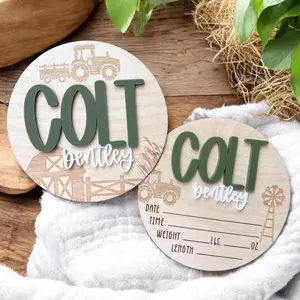Custom Baby Announcement Sign w/ Farm Theme, Birth Announcement Round, Stat Sign, Personalized Baby Name Sign, Hospital Baby Reveal Sign, Baby Room Decor