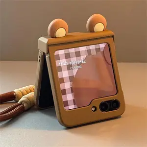 Ins Sweet Korean Bear Ears Brown Case with Portable Rope for Samsung Galaxy Z Flip7 6 5 for Motorola Razr 70ultra 60ultra Cover