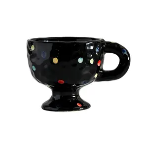 Polka Dot Ceramic Coffee Mug with Handle - 7 Oz Stackable Black Cappuccino Cups, Ceramic Cup for Home Office, Tall Bottom Wide Mouth Porcelain Dinnerware, Dishwasher Safe