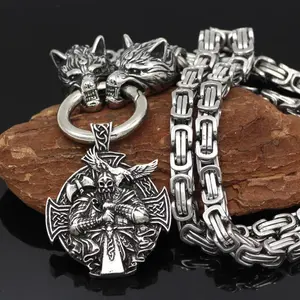 Men’s Vintage Stainless Steel Nordic Viking Pendant Necklace with Wolf Head & Sword Detail – Punk Hip Hop Style, Ideal Birthday Gift