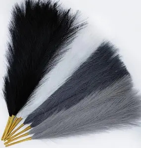 8 count 17" Pampas Grass Faux Dried Decor, Fluffy  Small Pompas Artificial Black White Grey Gray Pompous Short Stems Bouquet Flower Arrangement Vase Filler for Boho Home Wedding Decoration