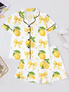 Bow Lemon Print Sleepwear Set, Fireproof Open Front Shirt & Loose Waist Shorts, Cute Short Sleeve Everyday Home Wear, Pajama Set, Loungewear, Homewear