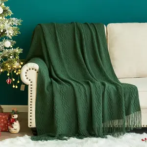 Christmas Dark Green Knitted Throw Blanket for Couch Boho Textured Cozy Woven Blanket with Tassels for Sofa Chair Bed Living Room  Wave  50"x60"