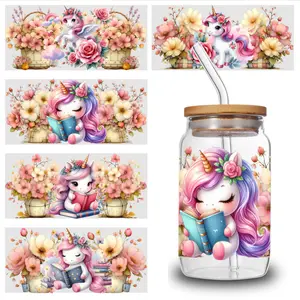 5 Sheets Unicorn Flowers UV DTF Stickers UV DTF cup packaging transfer sticker, 16oz carafe decoration, suitable for any smooth object surface, craft decoration, glass decoration, campus decoration, small gifts for friends, small gifts for family.