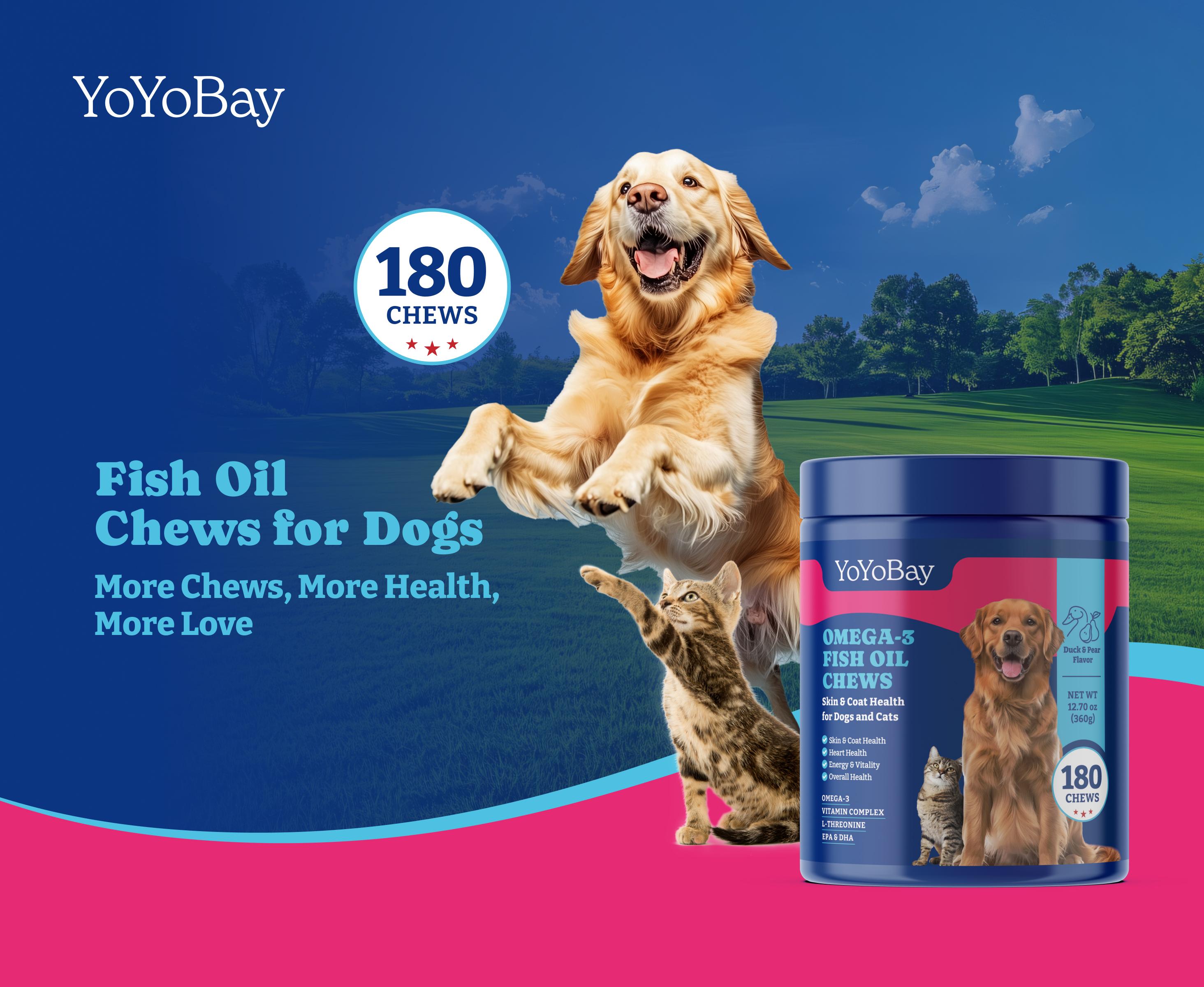 Fish Oil Chews for Dogs & Cats, YoYoBay Omega 3 Fish Oil for Dogs - Rich in Omega 3, 6, and 9 with Flaxseed Oil, EPA & DHA - 180 Soft Chews, Duck & Pear Flavor - Anti-Inflammation, Healthy Skin & Shiny Coat, Heart Health Fish Oil Chews for Dogs & Cats, YoYoBay Omega 3 Fish Oil for Dogs - Rich in Omega 3, 6, and 9 with Flaxseed Oil, EPA & DHA - 180 Soft Chews, Duck & Pear Flavor - Anti-Inflammation, Healthy Skin & Shiny Coat, Heart Health