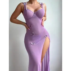 INS European And American Style Sexy Purple Pure Desire Slim Peach Long Dress Sexy Lingerie Female