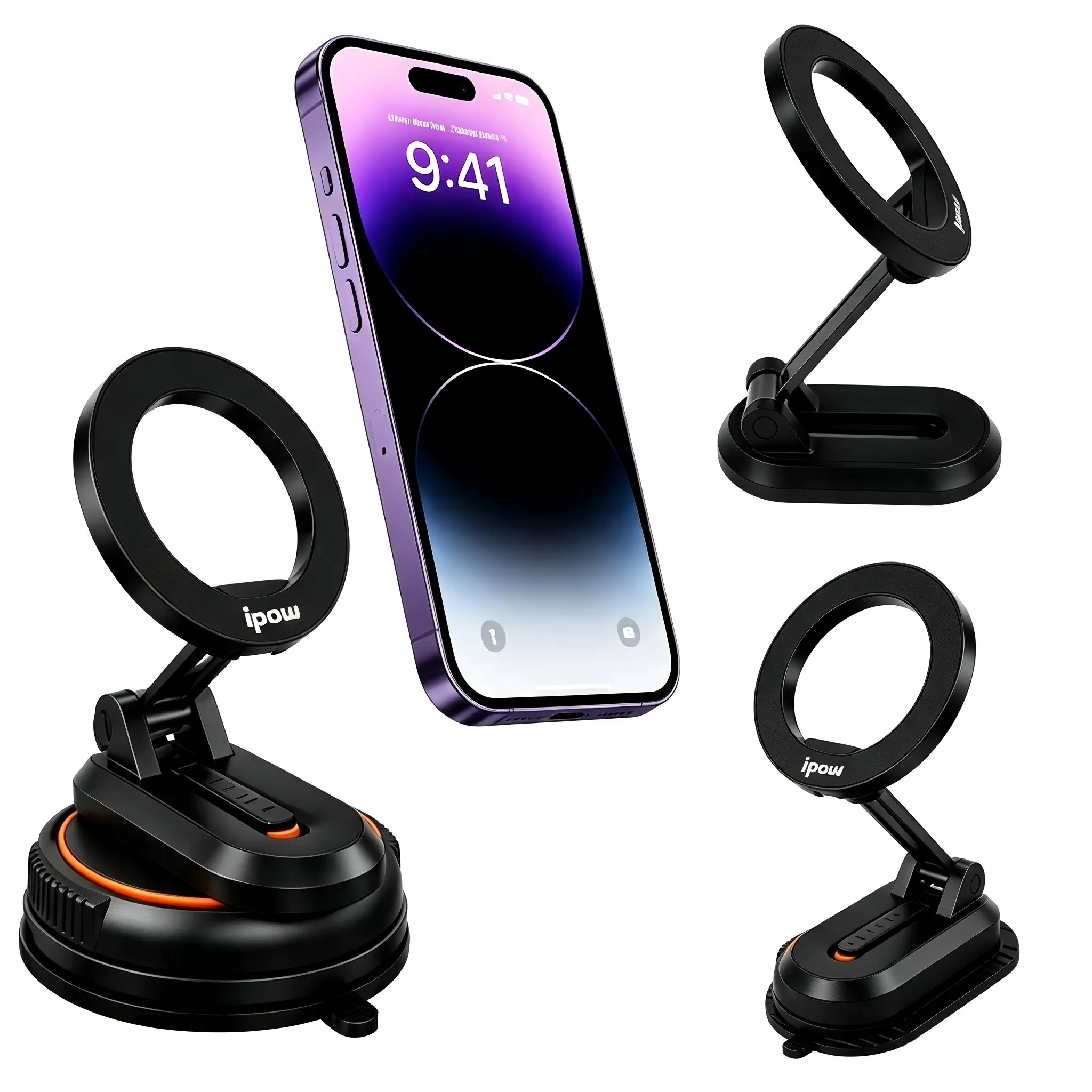 3-in-1 Detachable Magnetic Car Phone Holder, MagSafe Phone Mount with Suction Cup & Adhesive Bases, 360° Adjustable, Magnetic Ring Included for Non-MagSafe Phones, Car Home Office Gym