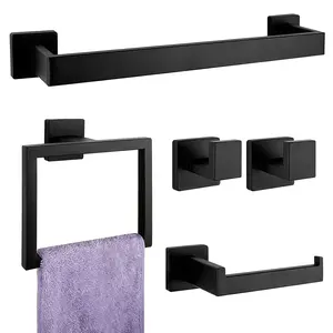 5-Pieces Matte Black Bathroom Hardware Accessories Set, Stainless Steel Bath Towel Bar Set, Towel Racks for Bathroom Wall Mounted