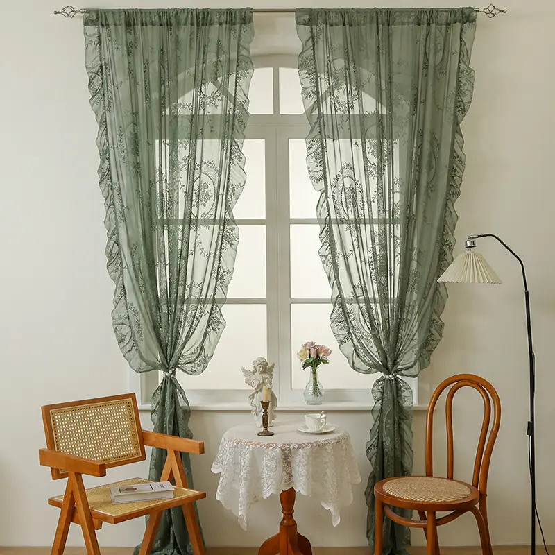 French country style lace sheer curtain, specially designed for living room, bedroom, balcony and bay window. Semi-light shielding and breathable window valance with exquisite ruffled edge decoration, Floral Sheer Curtains