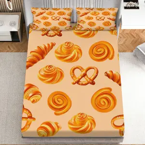 3Pcs Pastry Pretzel Croissant Fitted Sheet Three Piece Set (1*Fitted Sheet+2*Pillowcases, Coreless), Thanksgiving theme, Bakery Bedding Set, Mattress protector Soft, Breathable
