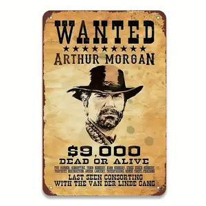 1pc 2D Plane Retro Metal Wall Art - "Wanted" Poster, Arthur Morgan, Reward  9,000, Fate Unknown, Country Style Home Bar and Game Room Decoration, Fade-Resistant Tin Sign, Pre-Riveted Holes, 20.32cmx12.8, Metal Wall Art Decoration, Home Decor Accessory
