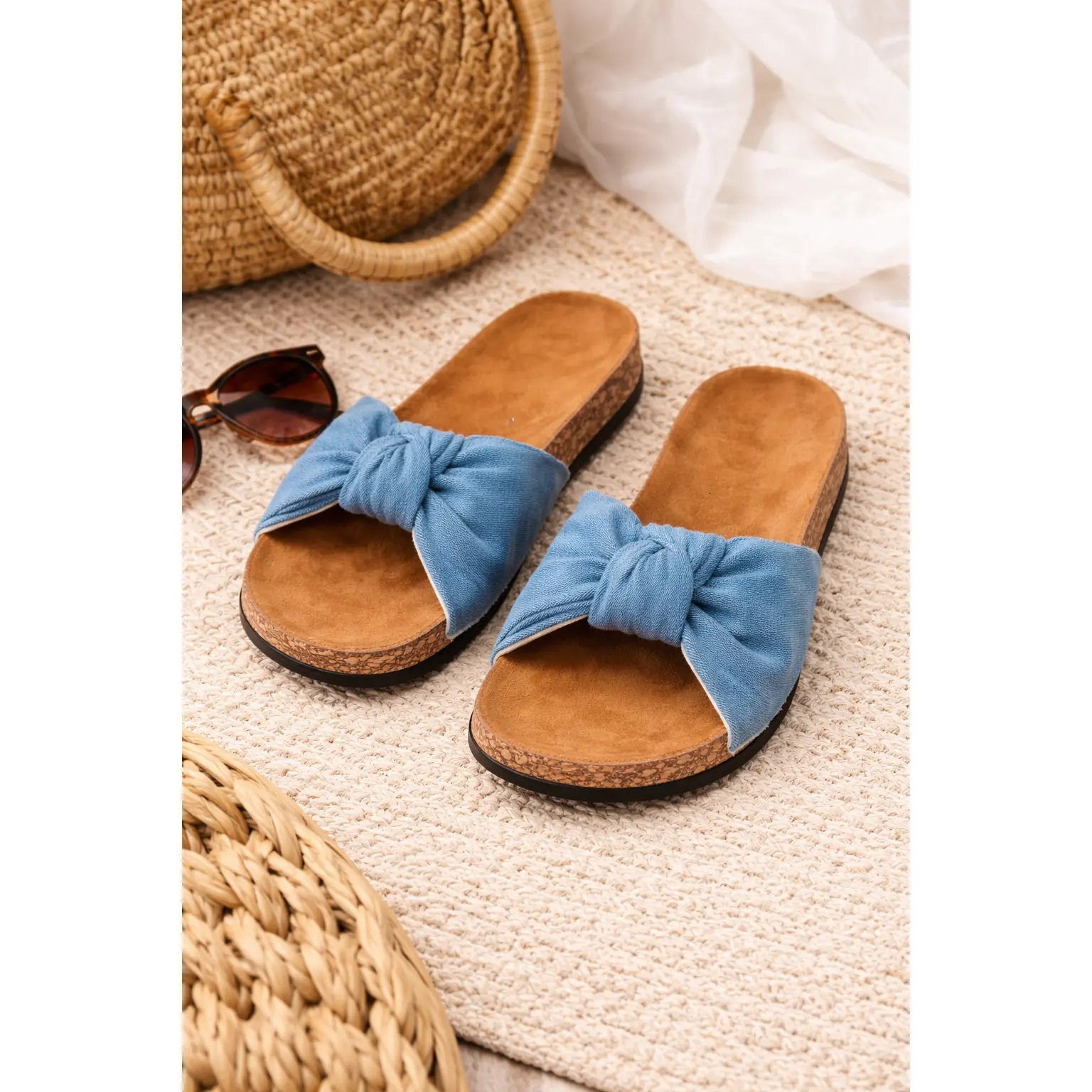 Denim Bow Cork Slide Sandals