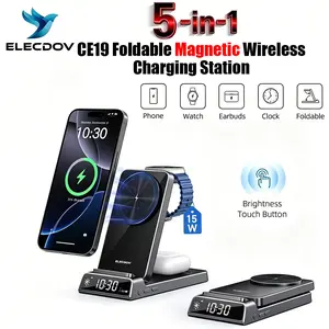 Upgraded version5-in-1 elecdov wireless charging station  supports Samsung galaxy/other Android phones (Galaxy S26 ultra), Galaxy Watch/Pods, iPhone 12-17/AirWatchPods, offering15W fast charging.  CE19 features vents, a foldable design, a bedside clock