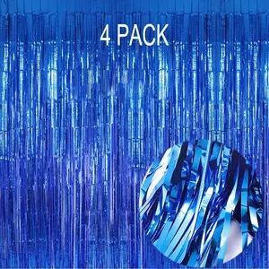 Blue Foil Fringe Curtain 4 Pack of 3.2x8.2ft Blue Streamers Backdrop Curtains for Party Decorations