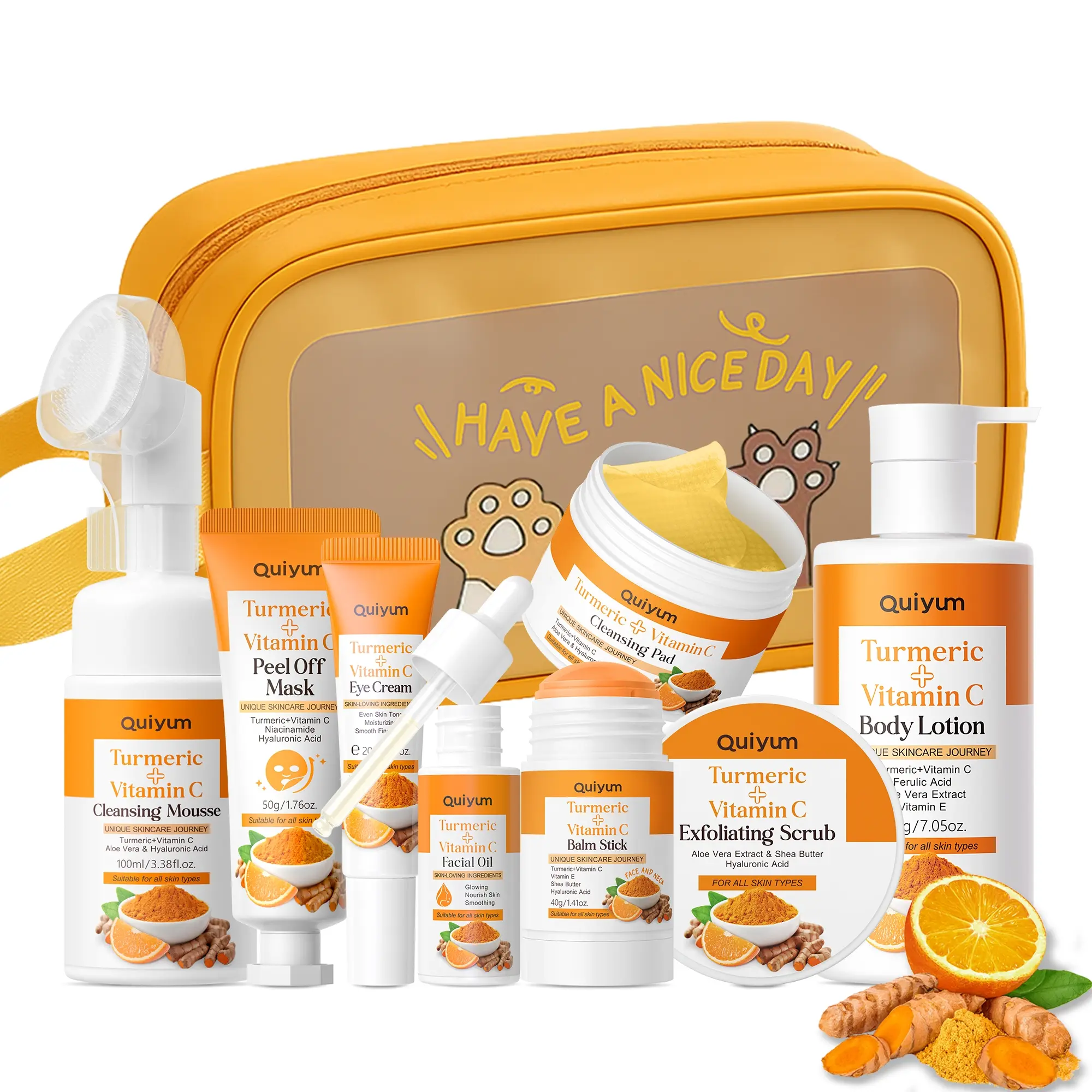 Quiyum Turmeric Glowing Skin Care Set, 10pcs Deep Cleansing & Brightening Facial Kit with Cleansing Mousse, Serum, Peel-Off Mask, Exfoliating Scrub & Travel Bag, Best Self Care Gift for Women