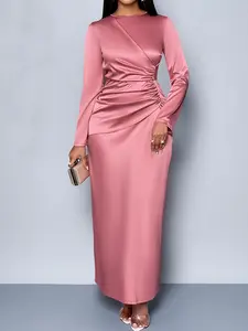 Silk Dress Round Neck Pleated Long Dress, Silk Round Neck Slim Fit Long Dress, Office/Formal/elegance Feminine Women, Long Sleeve High Waist Design