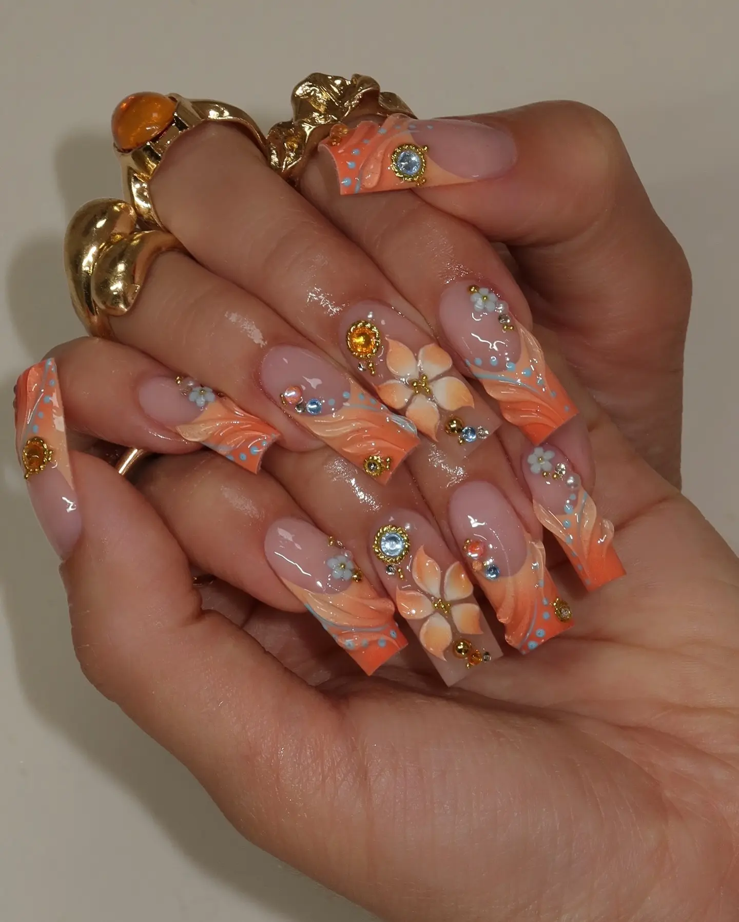 [ Summer Glam Sale - Tropical Heatwave ] Premium Handmade Long Square Press On Nails – 3D Floral Sunset Peach Orange Wave French Rhinestone Fake Nails Full Set