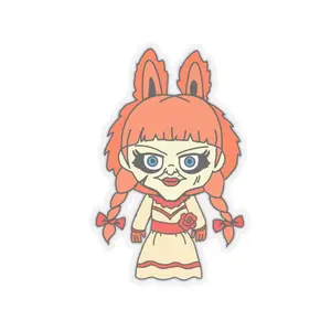 Hauntingly cute Annabelle Labubu Bunny Kiss-Cut Stickers, Cute Character Stickers, Laptop Decor, Fun Gift for Kids, Collectible Stickers, Whimsical Art Stickers