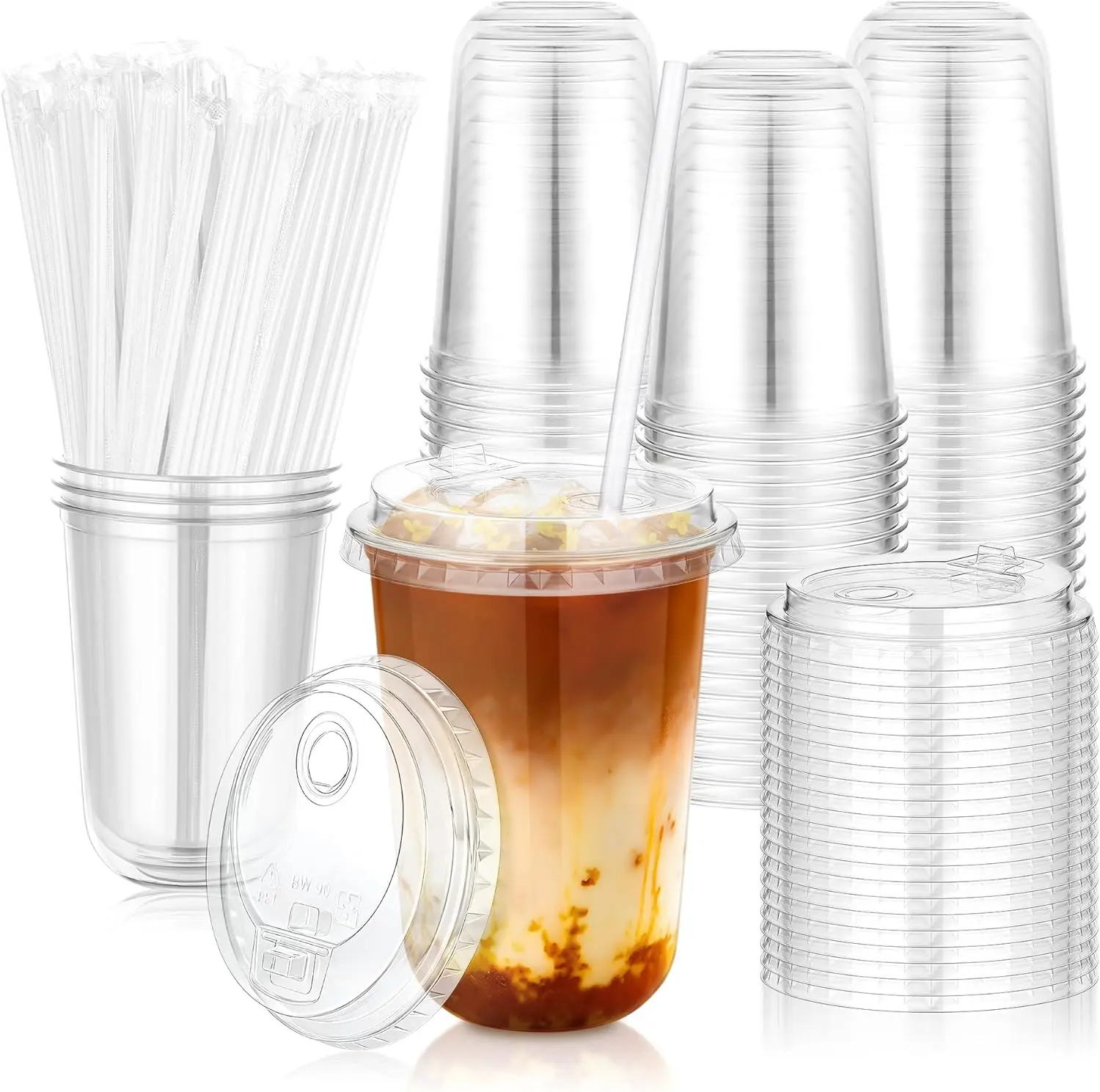 50 Pack 16oz Clear Disposable Plastic Cups with Sip Lids & Straws | Elevated Dual-hole Lid Round Bottom To Go Cup for Iced Coffee Cold Beverage Juice Smoothie Lemonade Party Catering Supplies