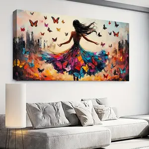 [Colorful Canvas Art] Colorful Abstract Dancing With Butterfly Canvas Wall Art |   Modern Home Decoration, Solid Wood Inner Frame, Best Valentine's Day Gift