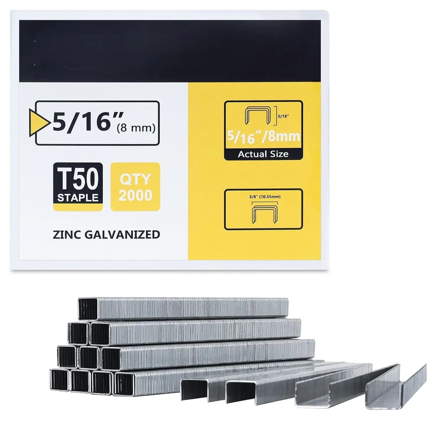 Heavy Duty Staples, 2000 Counts 5/16 inch T50 Staples, 20 Gauge Galvanized 3/8 Inch Crown Upholstery Staple for Pneumatic, Electric T50 Staple