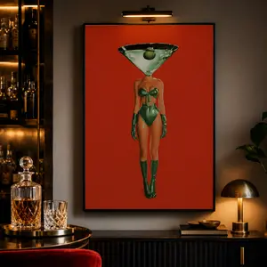 Vintage Dirty Martini Cocktail Print - Retro Bar Cart Decor, Red Wall Piece with Woman & Retro Drink, Aesthetic Canvas Poster for Bedroom, Funky Home Decor, Anime Wall Accent
