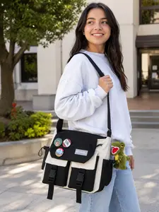 Aesthetic Canvas Shoulder Bag for Women Teen Girls, Kawaii Messenger Purse with Dinosaur Plush Charm, Trendy Pins, Adjustable Crossbody Strap, Multi Pocket Design, Casual Work School Travel Bag, Gift for Mom Wife Girlfriend