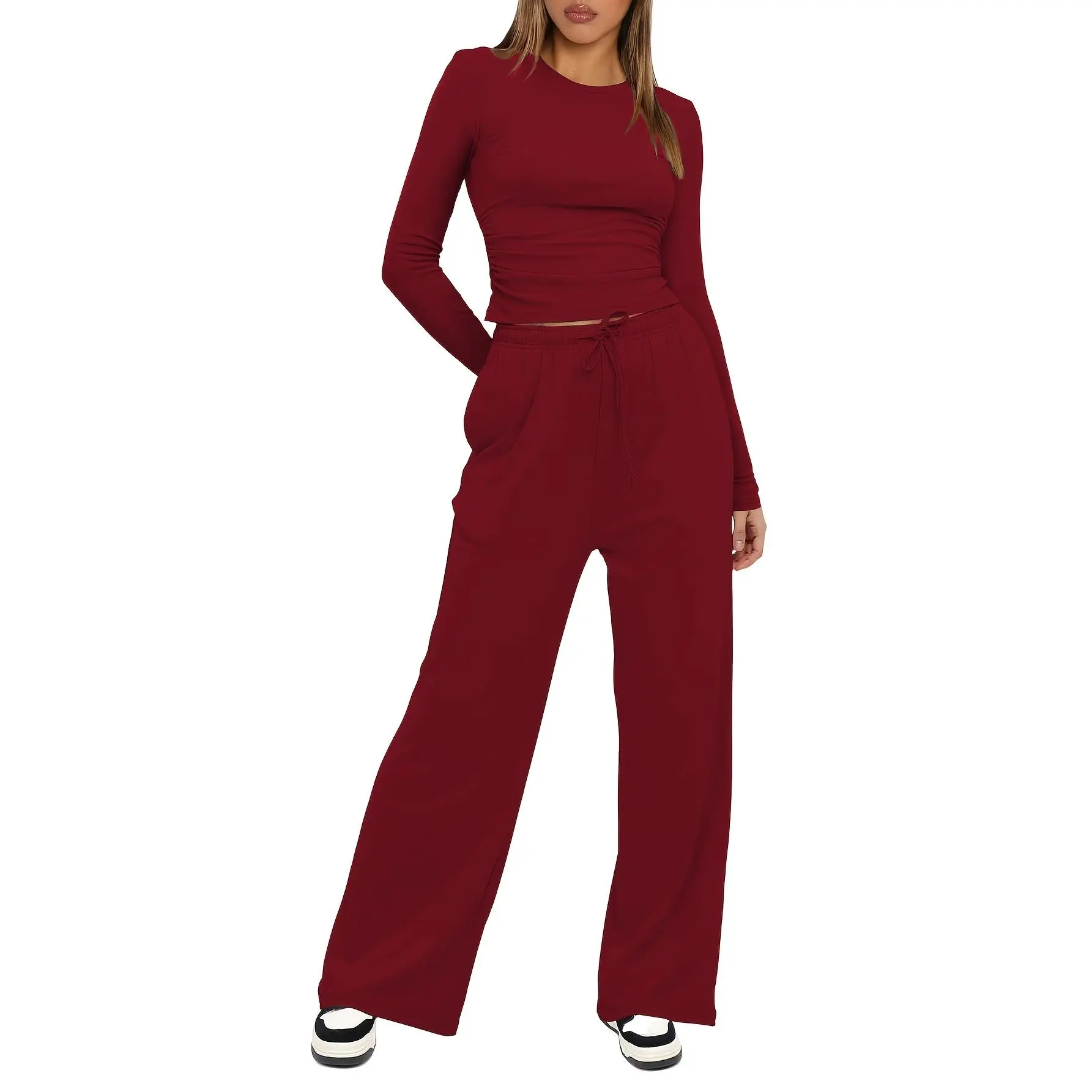 2pcs Women's Polyester Sportswear Set - Solid Color Crew Neck Long