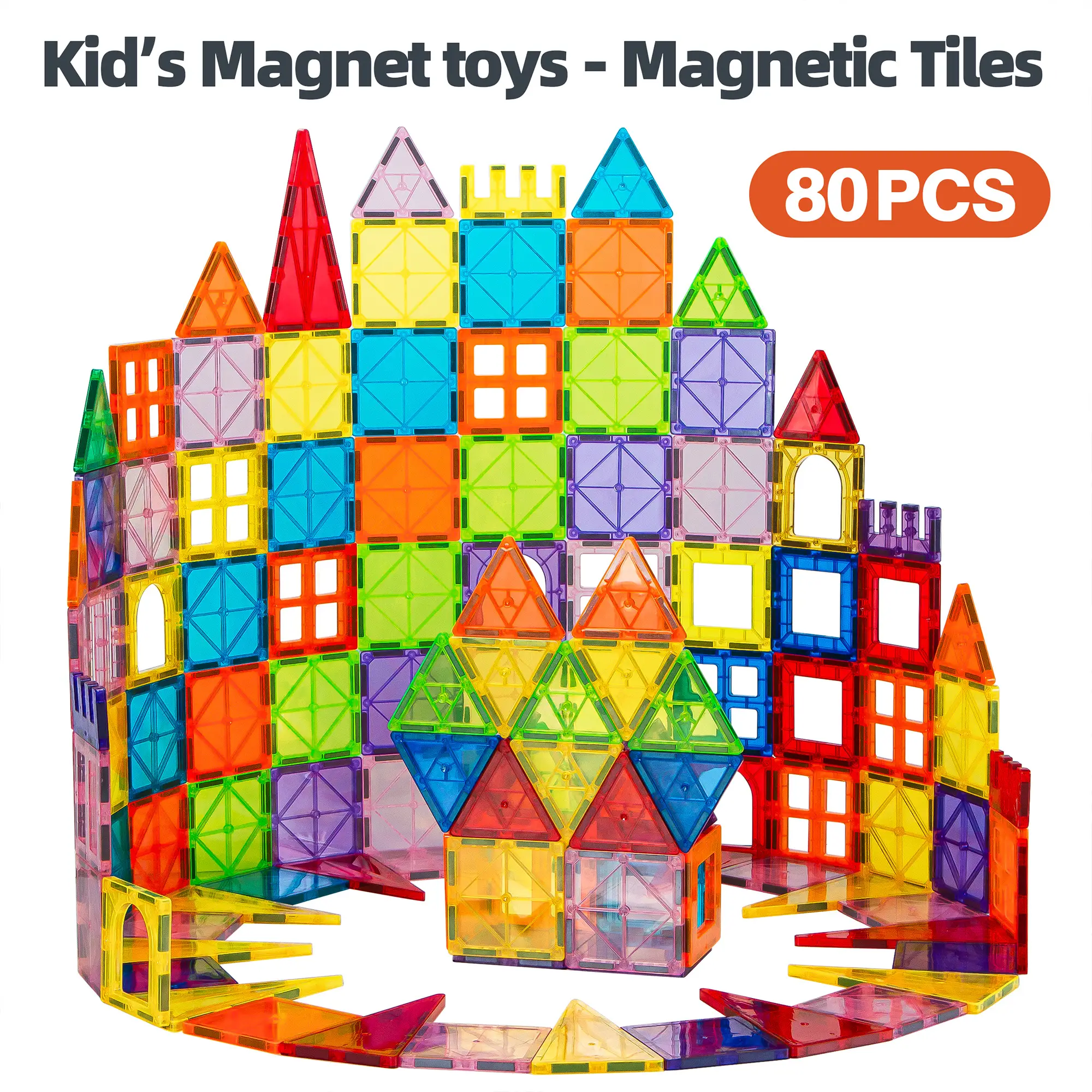 Magnetic Tiles - 80PCS Magnet Tiles Clear Magnetic 3D Building Blocks, Magnetic Construction Set for Toddler 3 4 5 6 7+ Years, Classroom Supplies for