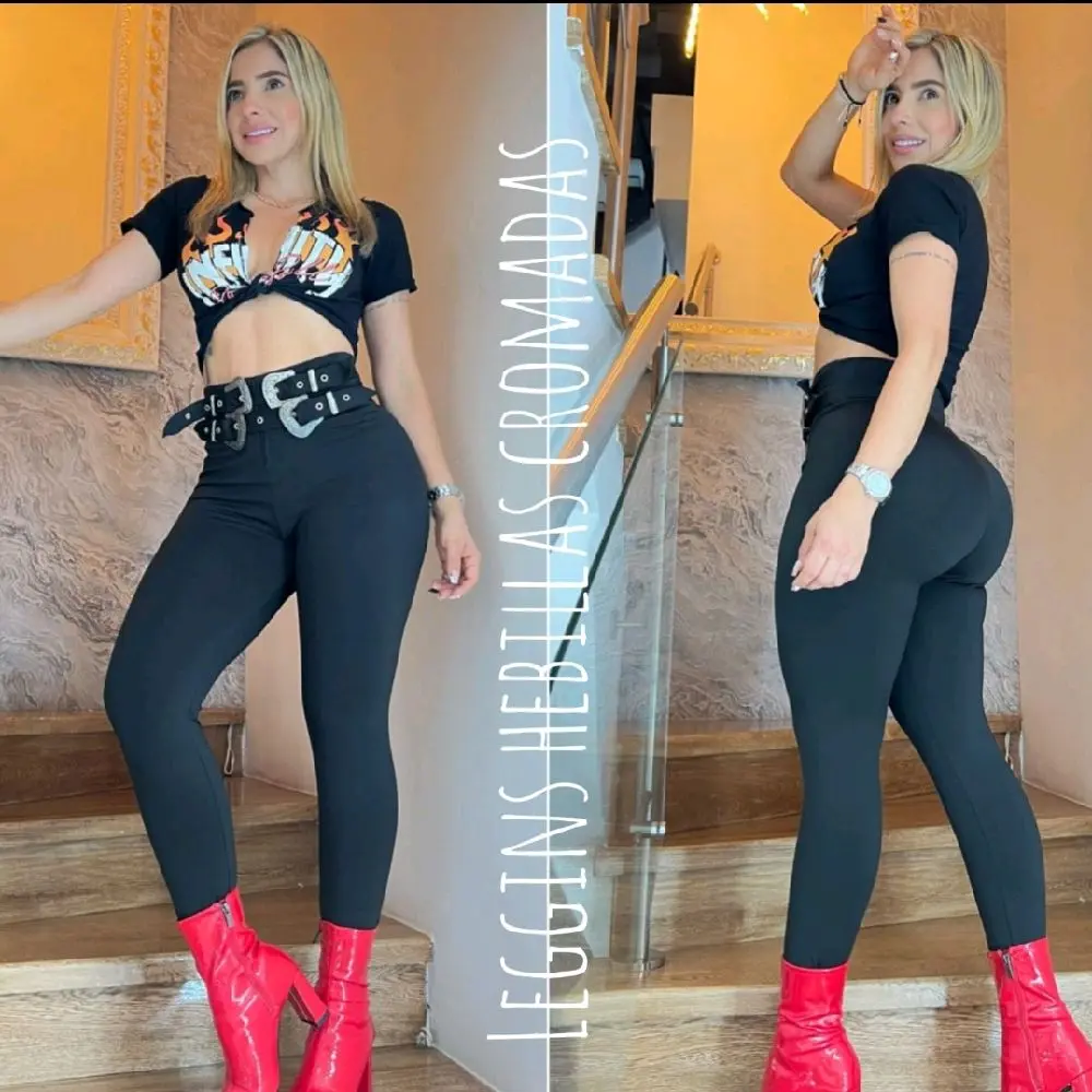 Size M. Fits from size 8 to size 14 (stretchable fabric)    Leggings Suplex Hebilla Cromada - Black High-Waisted Leggings with Chrome Buckle for Women