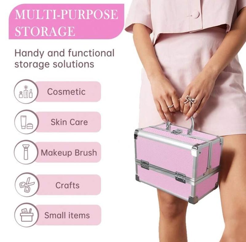 Aluminum Makeup Train Case Jewelry Box with Mirror Pink Lockable Handle Accordion Style Fold Out Compartments Compact Design Travel Essentials