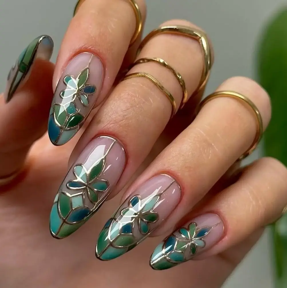 Stained Glass Press On Nails, Stained Glass Inspired Nail Art, Fake Nails, Floral Transparent Nails, 3D Nails, Acrylic Press On Nails Satamiis