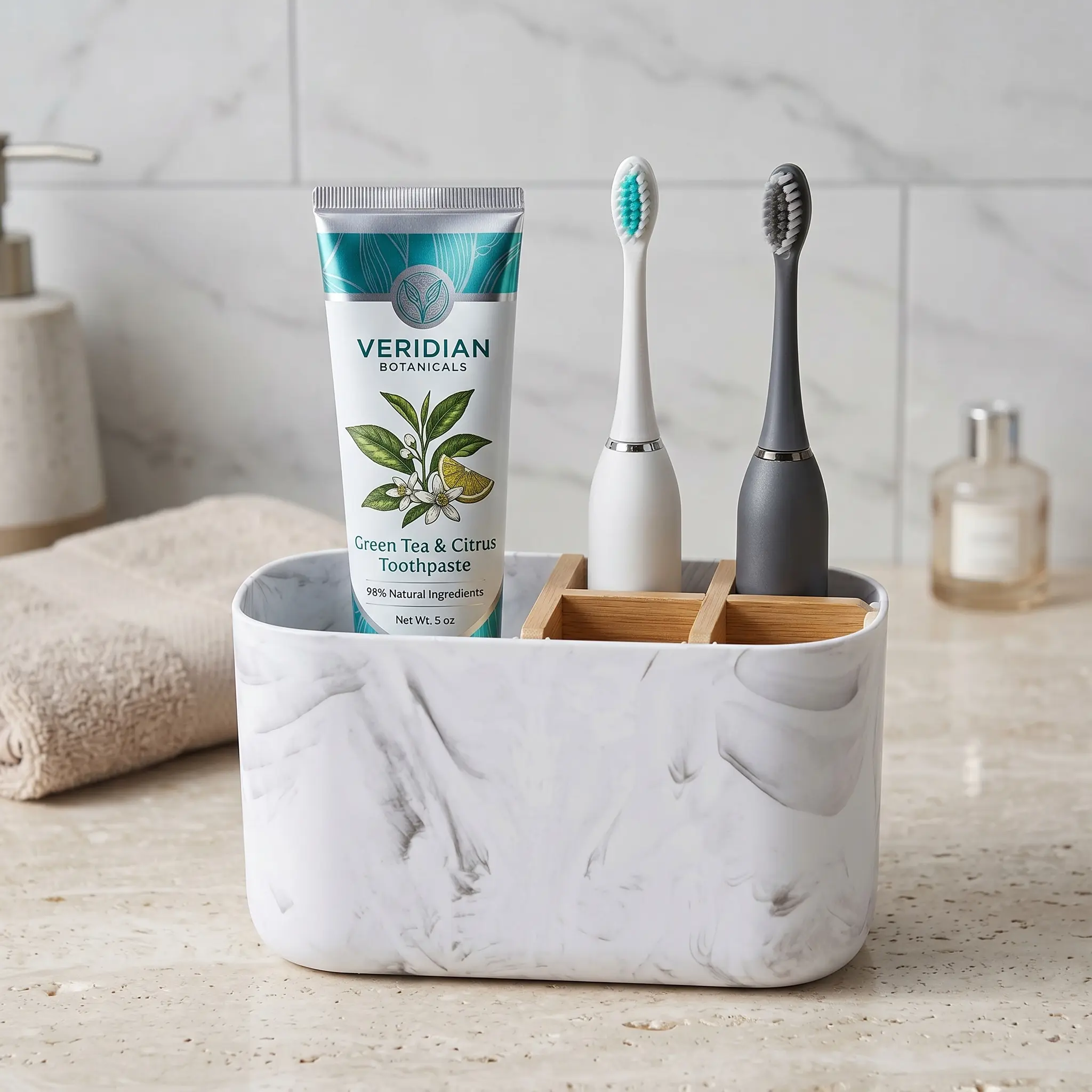 Bamboo Toothbrush Holder 5 Slot Bathroom Organizer with Toothpaste Storage