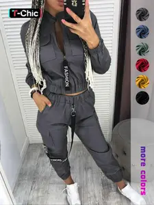 Women's Solid Zip Up Jacket & Elastic Waist Pants Two-piece Set, Streetwear Tracksuit Set, Street Fashion Casual Pocket Stand Collar Outerwear & Trousers for Daily Wear, Ladies Spring & Fall Clothes, Tracksuit Matching Set