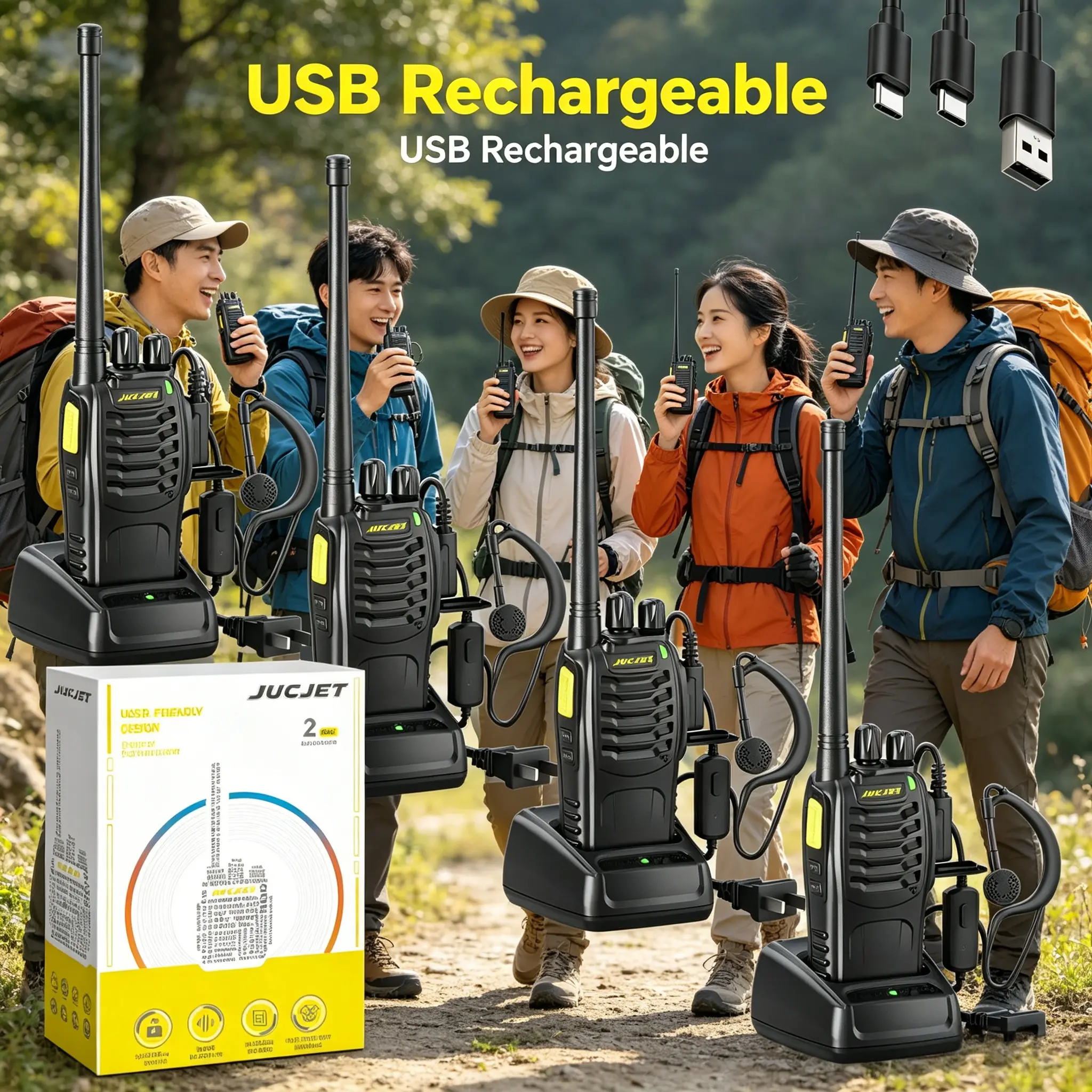 JUCJET 4-Pack Walkie Talkies, Digital USB Rechargeable 2-Way Radios with Noise Reduction, Headsets, Charging Dock, 1-Click Pairing, Lithium-Ion Battery & Manufacturer Warranty for Family Camping, Hiking, Manufacturer Warrenty