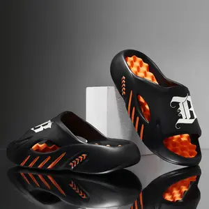 Men’s Athletic Recovery Slides with Gothic Letter Graphic – Ultra-Soft Massage Footbed Cloud Sandals – Thick-Soled Non-Slip Sports Slippers for Gym, Beach, and Home