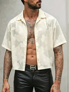 Men's Sheer Cloud Floral Embroidered Cuban Collar Short Sleeve Open Front Shirt, Casual Summer Streetwear, Z Generation Fashion