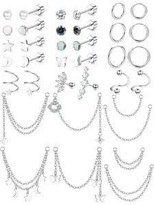 Unique 36 Pcs Silvery Diverse Jewelry Set Brilliant 20G Surgical Steel Copper Cartilage Earrings for Women Men Helix Earrings Set Small Star Moon Flat Back Stud Earrings Huggie Hoops Earrings Chain Dangle Cartilage Helix Tragus Piercing Jewelry Set