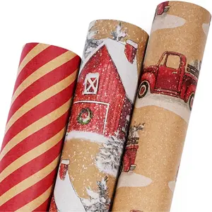 Christmas Wrapping Paper Rolls -  /Wooden House/Stripes Design for Holiday, Party, Congrats - 17" x10' Per Roll (3 Rolls, 42 sq.ft. ttl.)