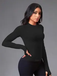 Women's Solid Long Sleeve Sports Tee, Casual Comfy Breathable Tight-fitting Sports T-shirt for Yoga Gym Workout, Ladies Sportswear for All Seasons, Gym Tops