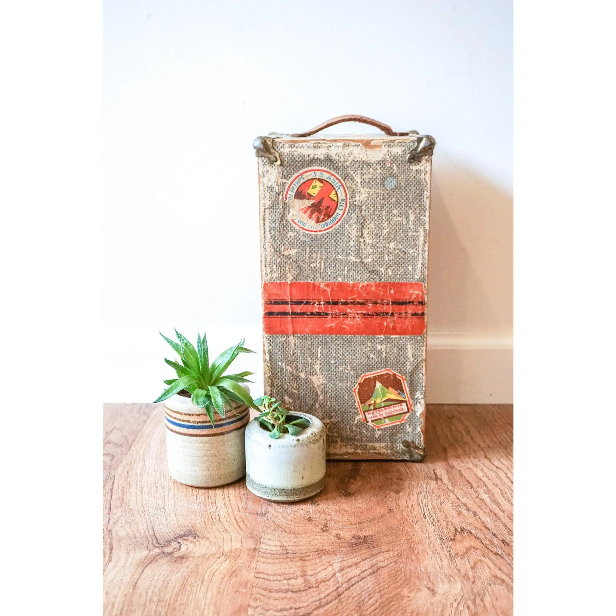 Vintage Distressed Industrial Mini Trunk with Leather Handle, Metal Clasp and Original Stickers