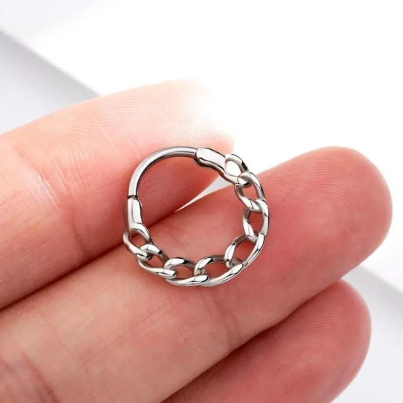 OUFER BODY JEWELRY 16G Chain-Style Hinged Clicker Hoop, 10mm 316L Stainless Steel Piercing for Septum & Daith, Unisex Stylish Accessories, High Quality Jewelry