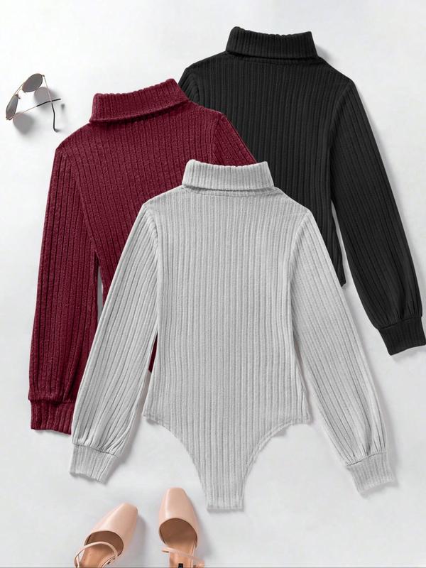Women's Fall Winter 3-Piece Set, Fashionable Slim Fit Ribbed High Neck Fleece Lined Long Sleeve Bodysuit, Comfortable Underwear